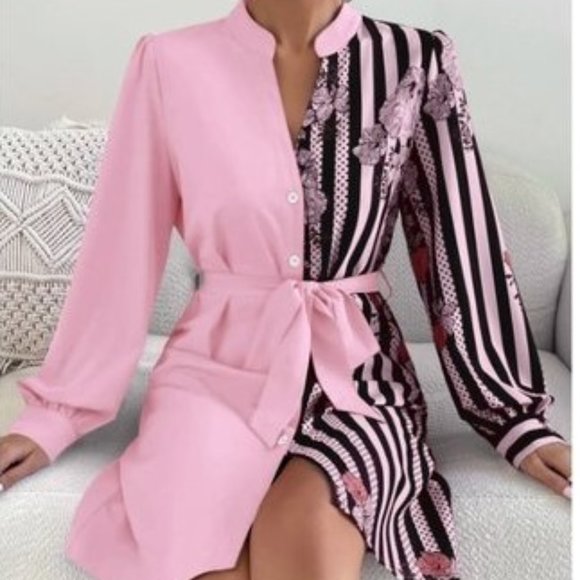Private Label Dresses & Skirts - Pink & Black Floral Dress Shirt - Gorgeous, Belted, Medium  Box Car1